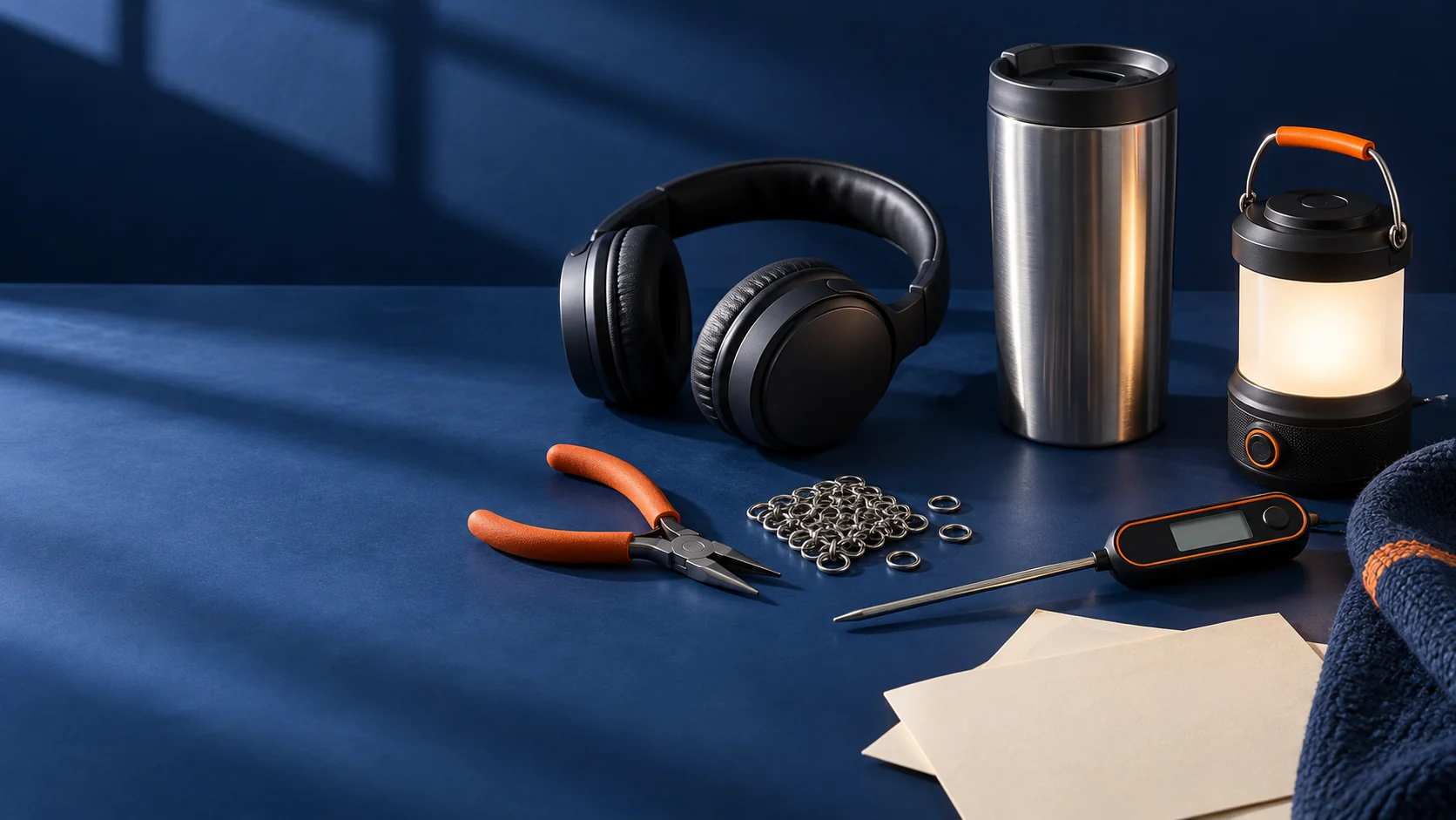 Chainmaille pliers, headphones, a travel mug, lantern and thermometer arranged on a blue research desk