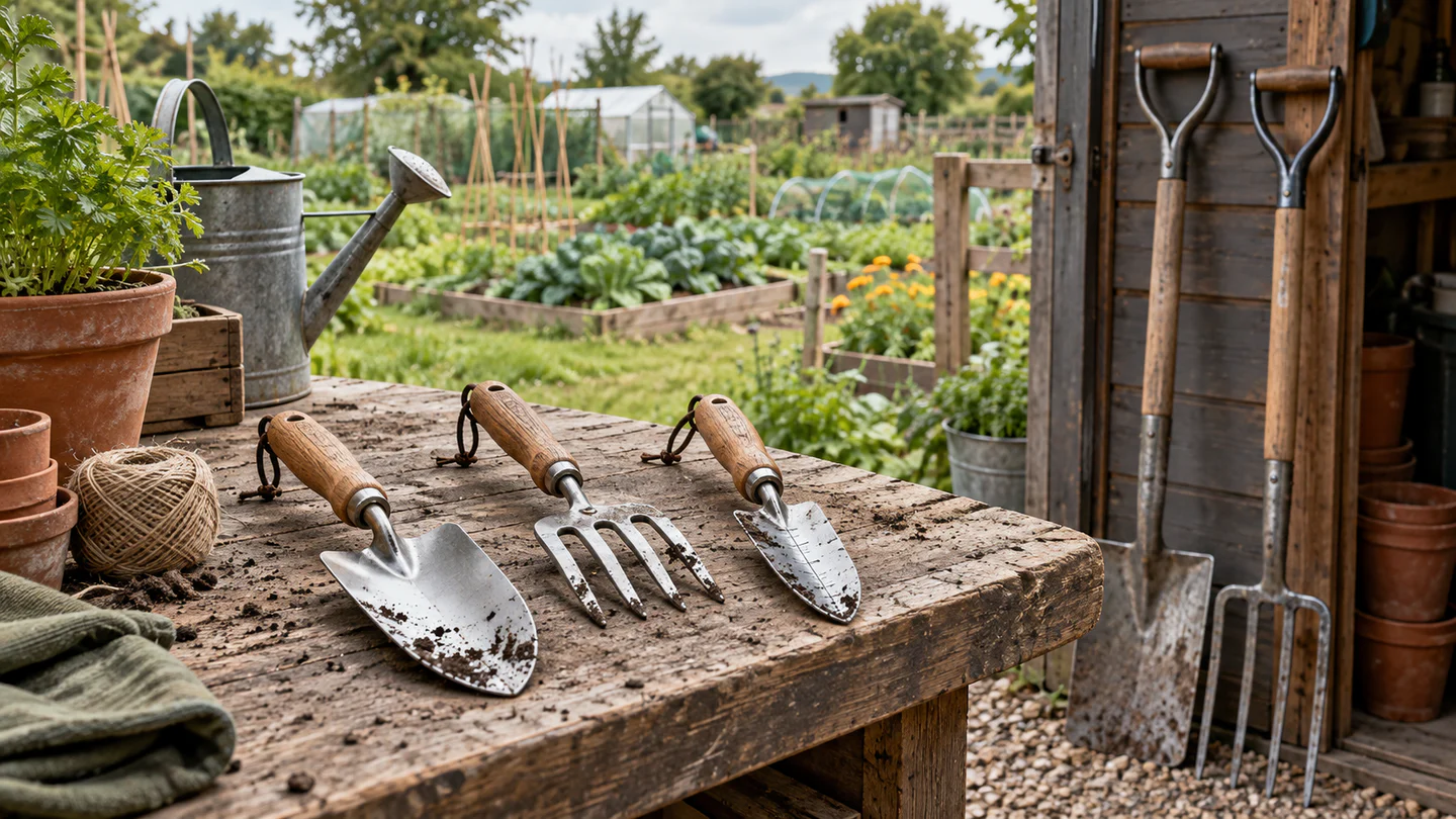 Stainless hand trowels and forks on a potting bench with a border spade and border fork by an allotment shed