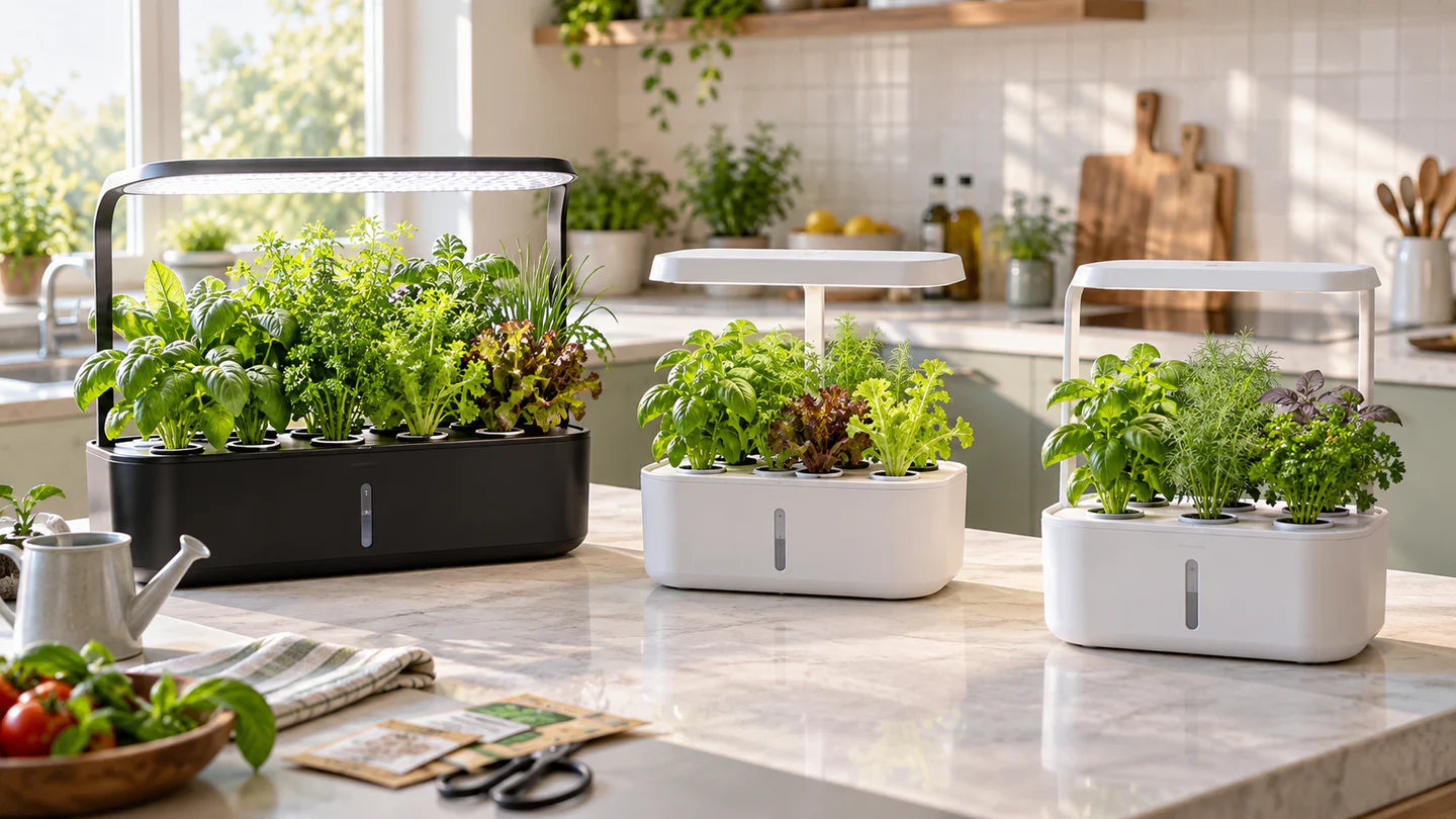 Three countertop indoor growing systems with basil and salad leaves arranged on a bright kitchen worktop