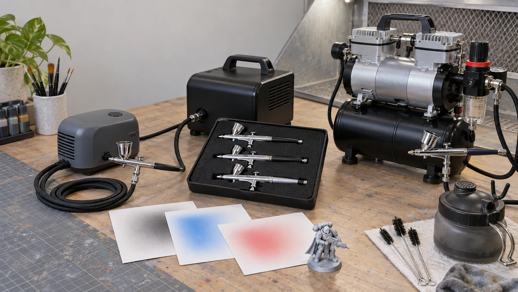 Compact grey and black tankless airbrush compressors and a larger tanked compressor with gravity-feed airbrushes, hoses and cleaning tools