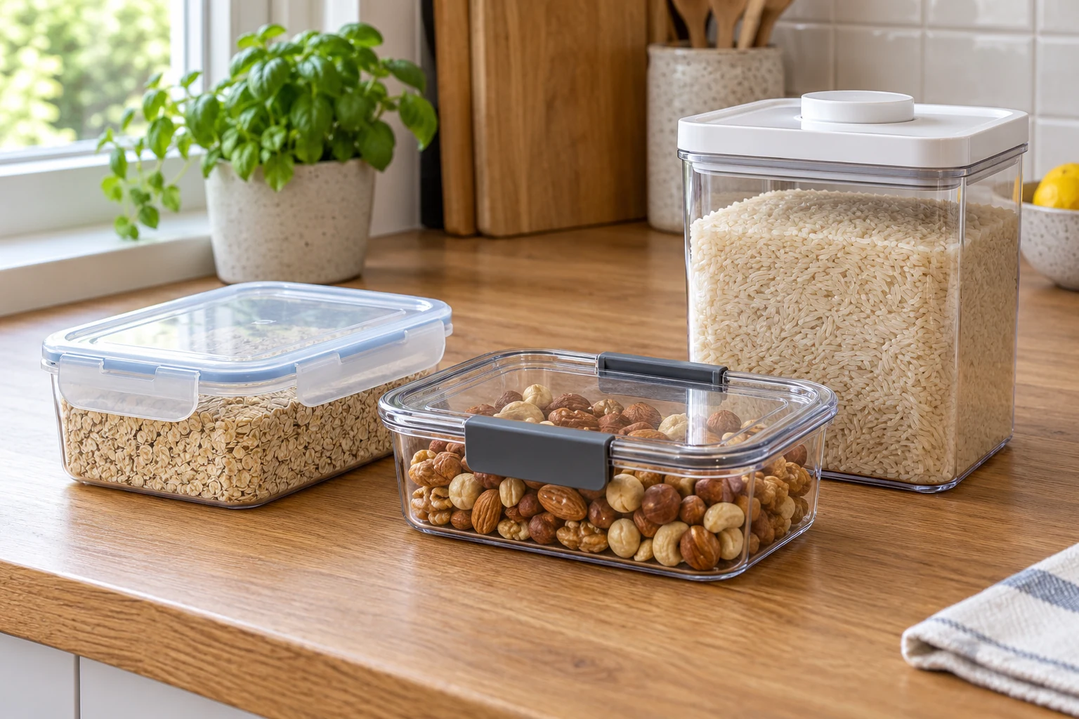 Three clear food containers on a kitchen counter: a low clip-lid box of oats, a grey-clipped box of nuts and a white push-button container of rice.