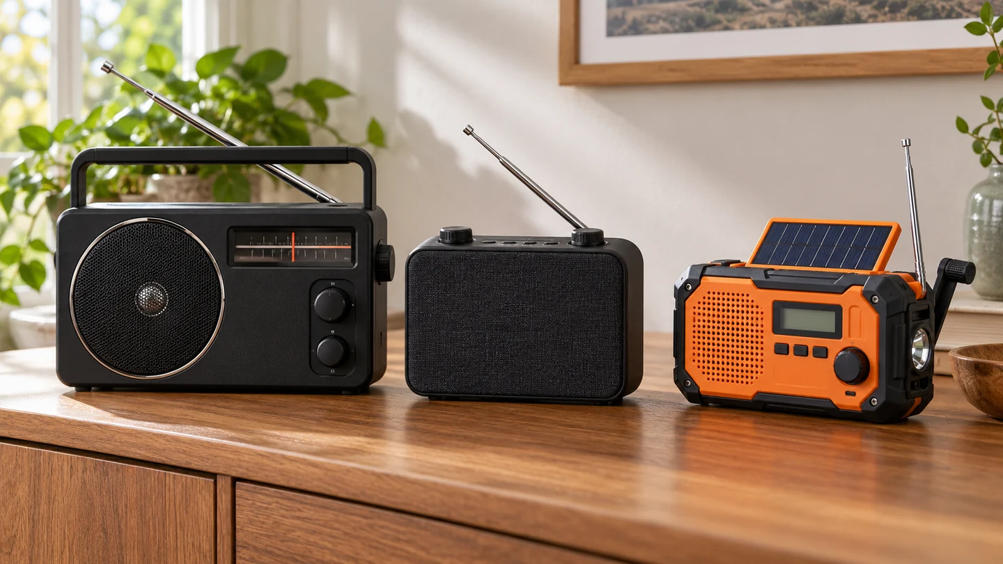 Three portable radios on a wooden sideboard: a large black dial radio, a compact fabric-front radio and an orange radio with raised solar panel and crank