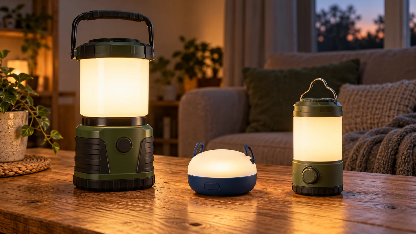 A tall green LED lantern, a small blue dome lantern and a compact olive-green lantern glowing on a wooden table at dusk