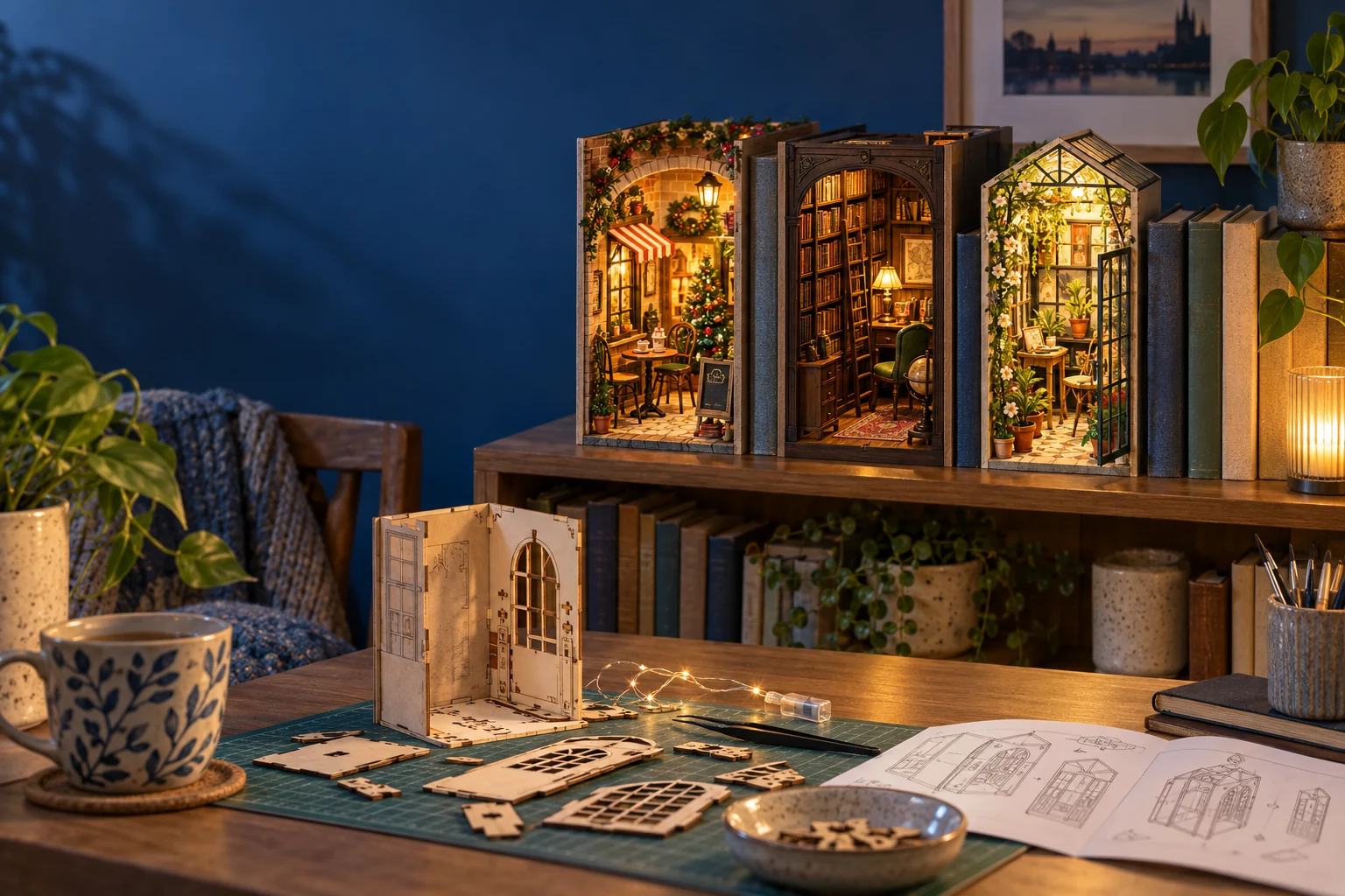 Three illuminated miniature book nooks showing a café, quiet library and greenhouse beside laser-cut panels and an LED wire