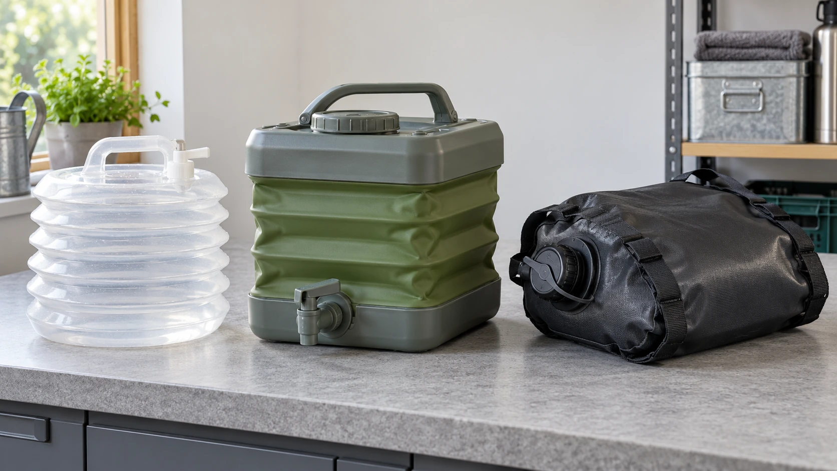 Clear accordion water jug, green folding container with a tap and black fabric water bag arranged on a grey worktop