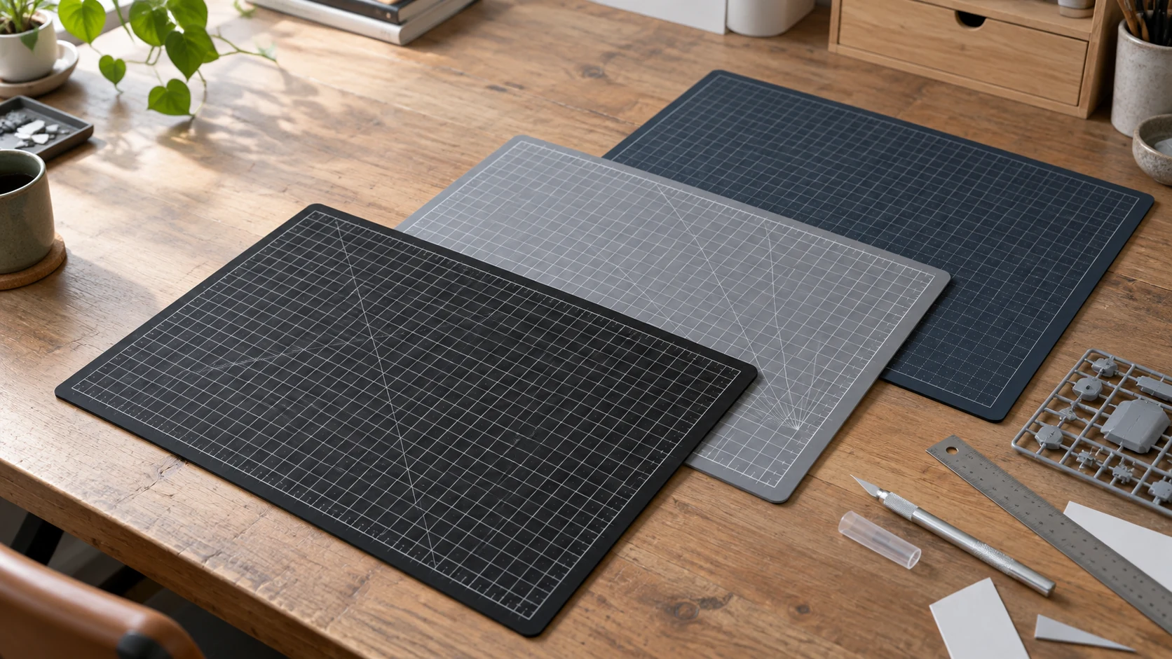 Black, grey and dark blue gridded cutting mats layered on a model-making desk beside a capped craft knife, ruler and plastic sprue