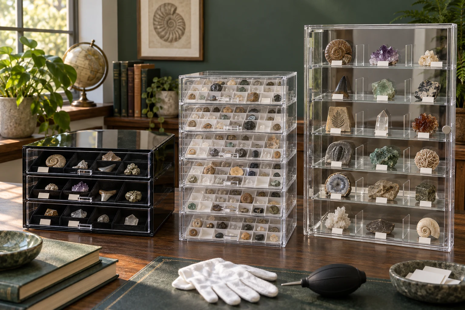 A black three-drawer specimen case, a clear five-drawer compartment case and a tall clear tiered cabinet displaying fossils and minerals in a home study