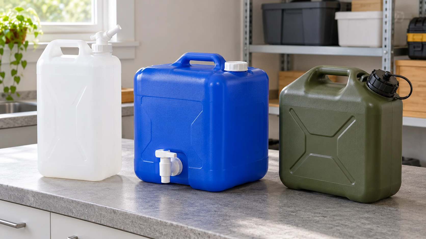 White and green rigid handled water cans beside a larger blue cube-shaped container with a white tap on a grey worktop