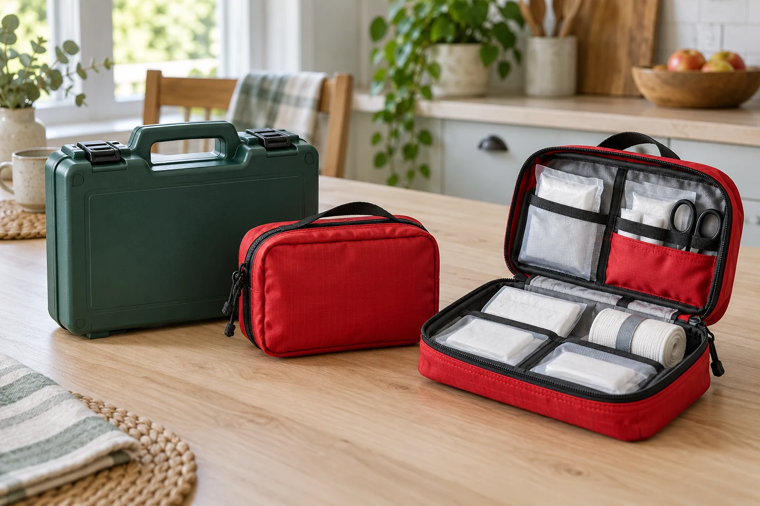 A green hard first aid case and two red zip pouches on a table, with the larger pouch opened to show dressings and scissors.