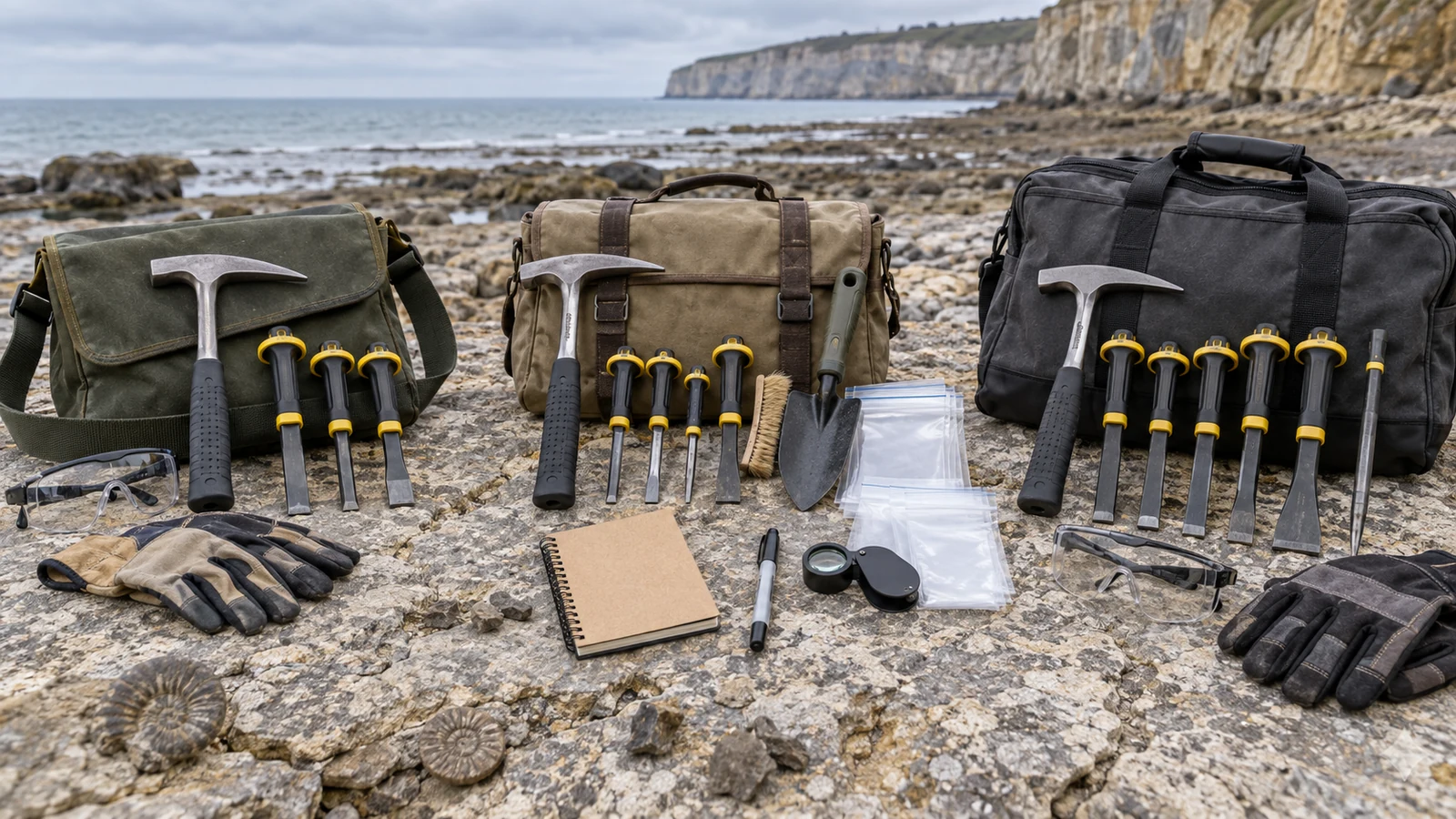 Three canvas fossil-hunting bags with rock hammers, chisels, goggles, gloves, sample bags, a loupe and a notebook arranged on a rocky beach