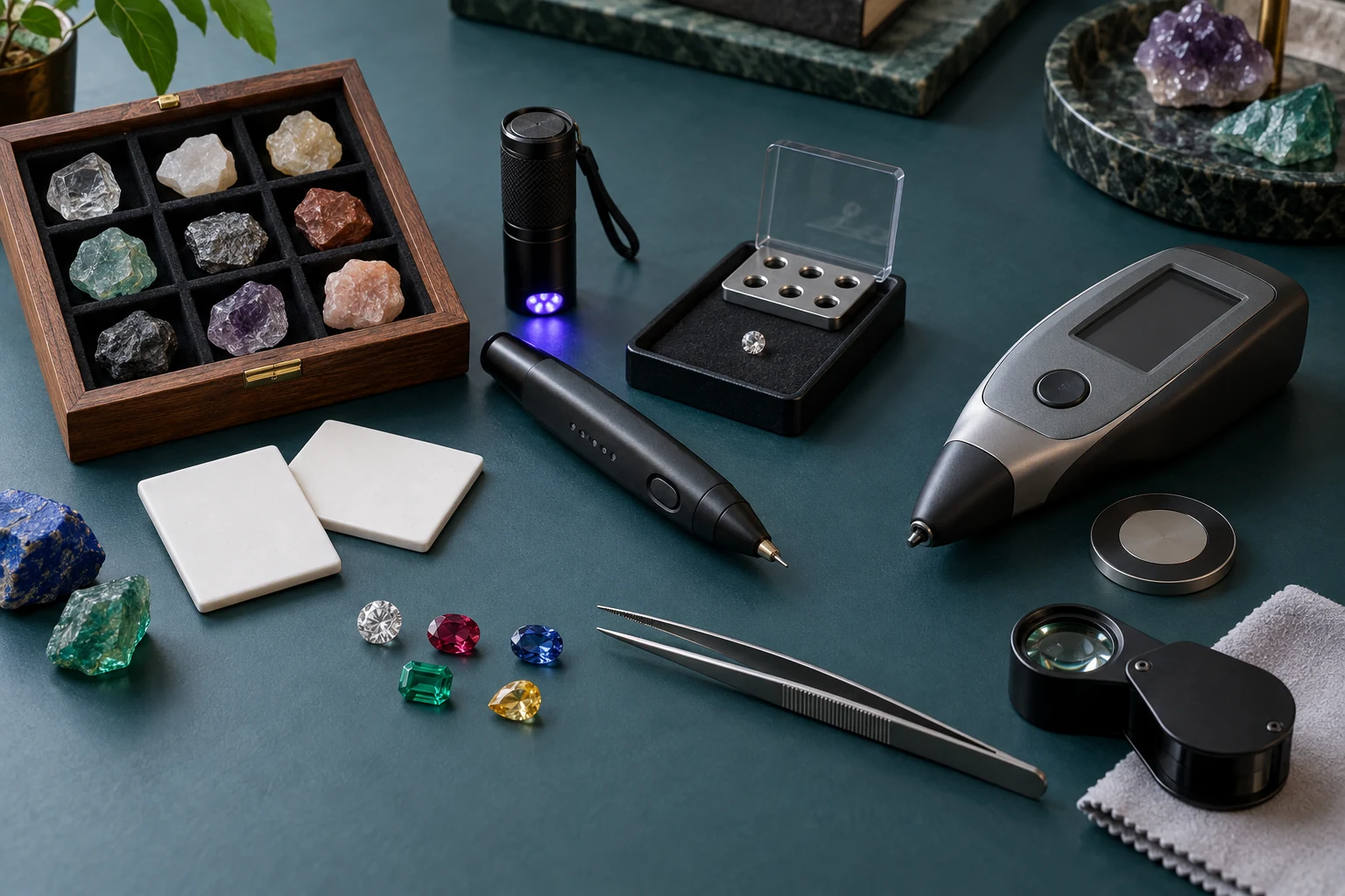 A Mohs reference-mineral set, a thermal tester pen and a digital coloured-gem indicator arranged with a loupe, tweezers and loose stones on a dark teal desk