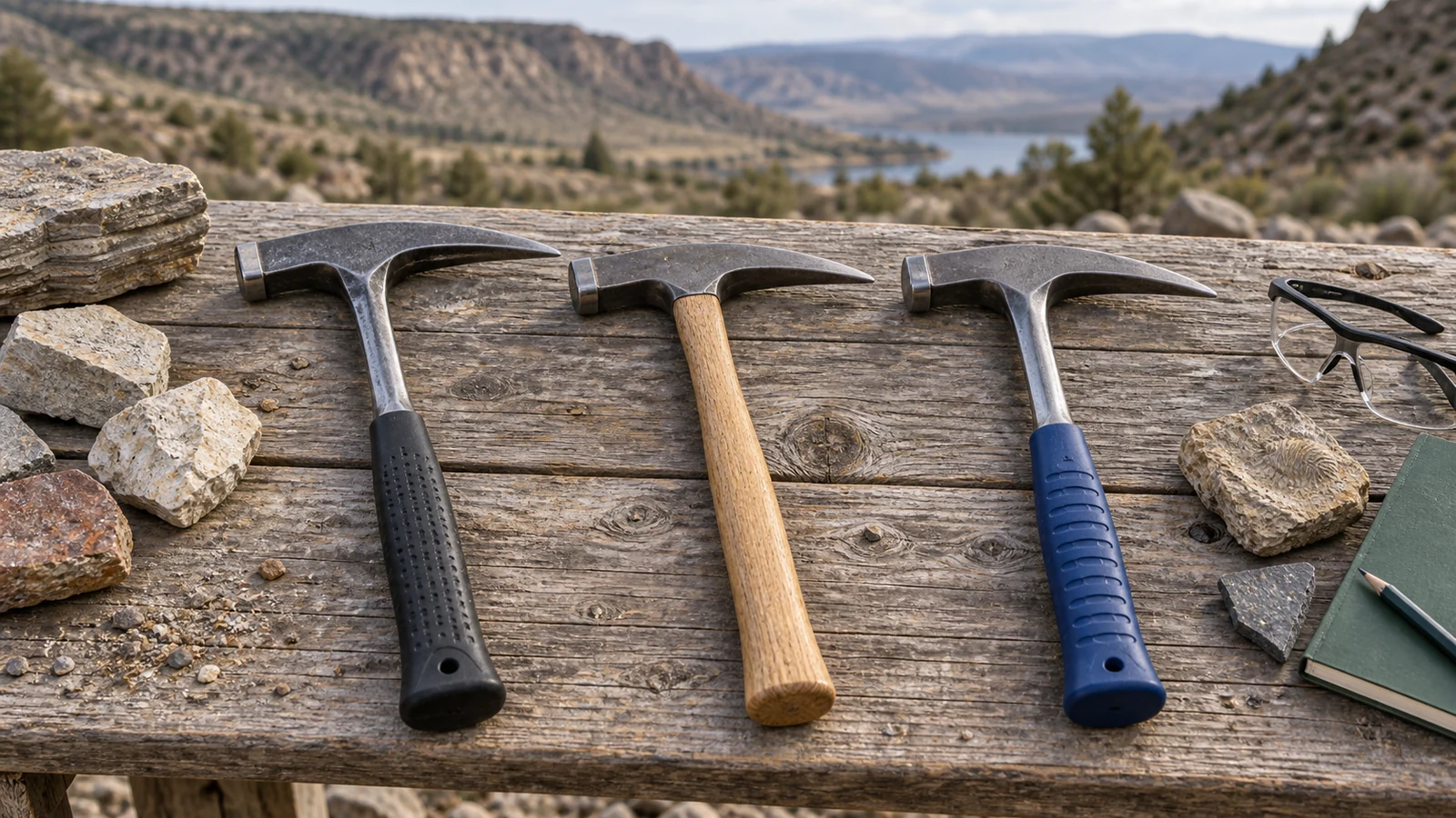Three pointed geological hammers with black, hickory and blue handles laid on a wooden field table beside rocks and safety glasses