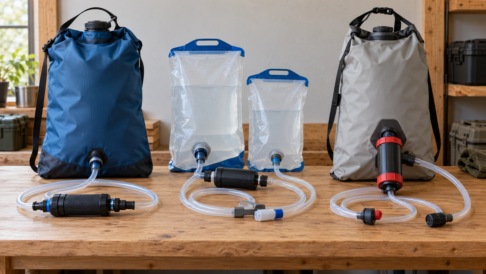 Blue and grey fabric gravity-water bags, two translucent reservoirs, inline filter cartridges and coiled clear hoses on a wooden workbench