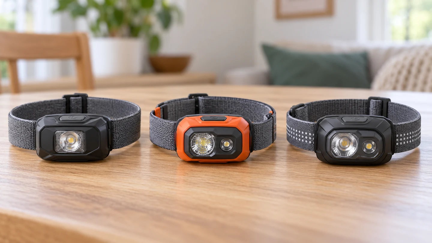 Three compact head torches, two black and one orange, with grey elastic headbands arranged in loops on a wooden table