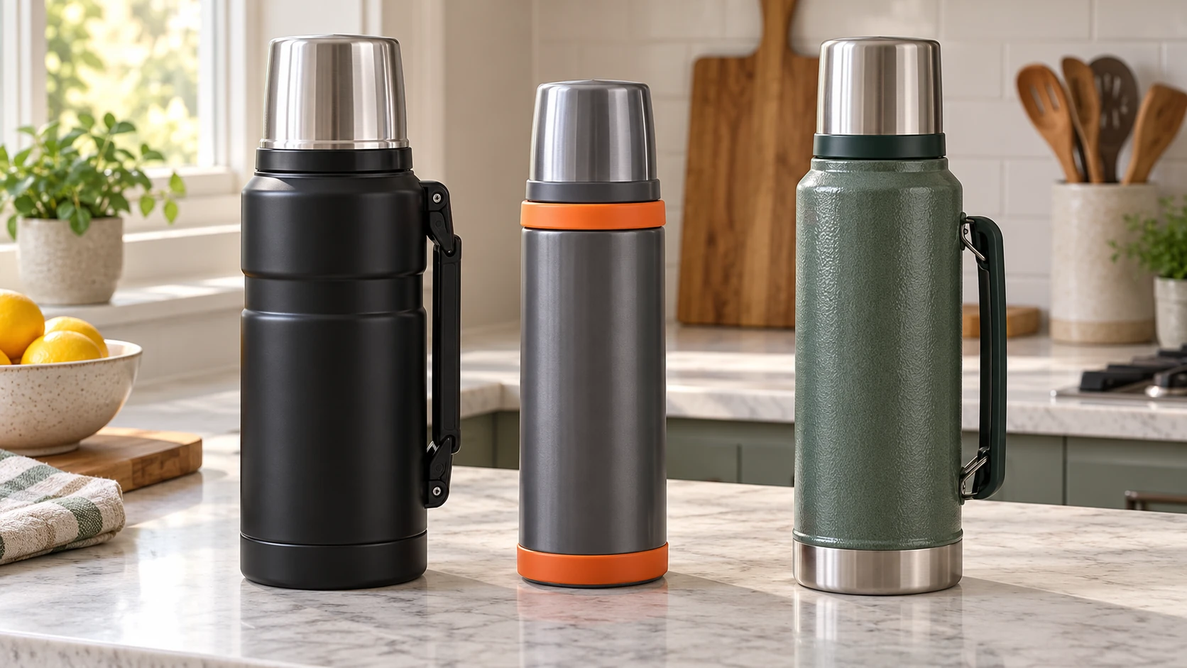 Black handled flask, slimmer charcoal flask with orange protective rings and green handled flask with cup lids on a kitchen worktop