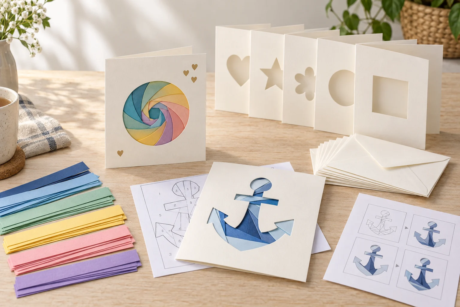 An iris-folded anchor card with coloured paper strips, aperture cards, envelopes and geometric pattern sheets arranged on a pale craft table