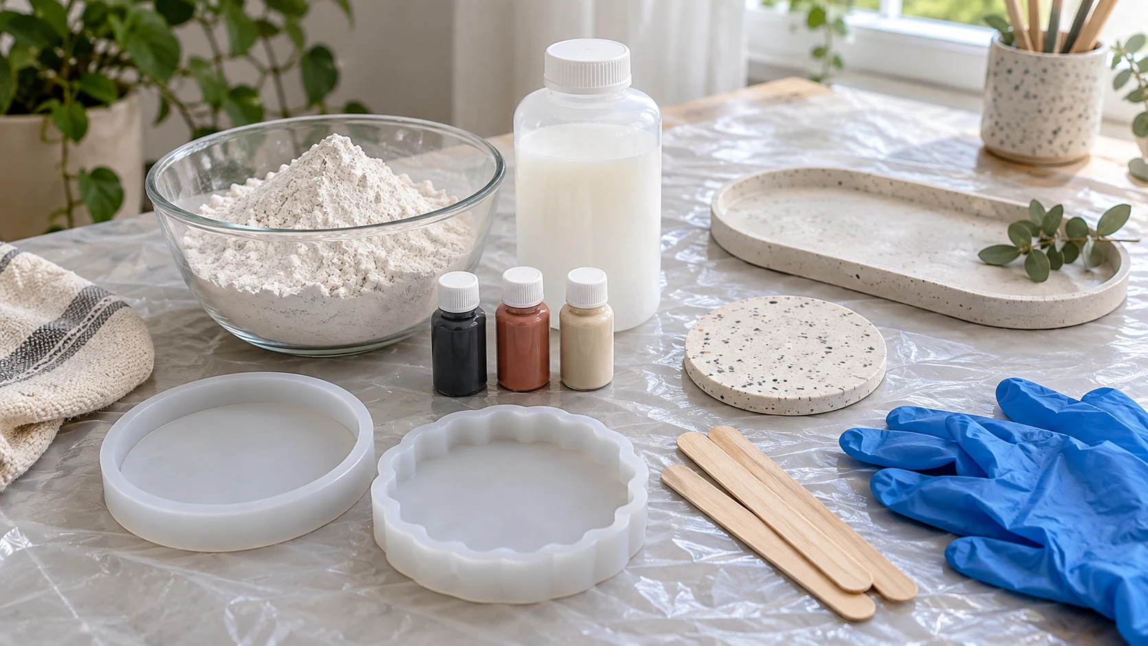 Jesmonite powder, liquid, pigment bottles, two silicone moulds, mixing tools, gloves and finished cast pieces on a craft table