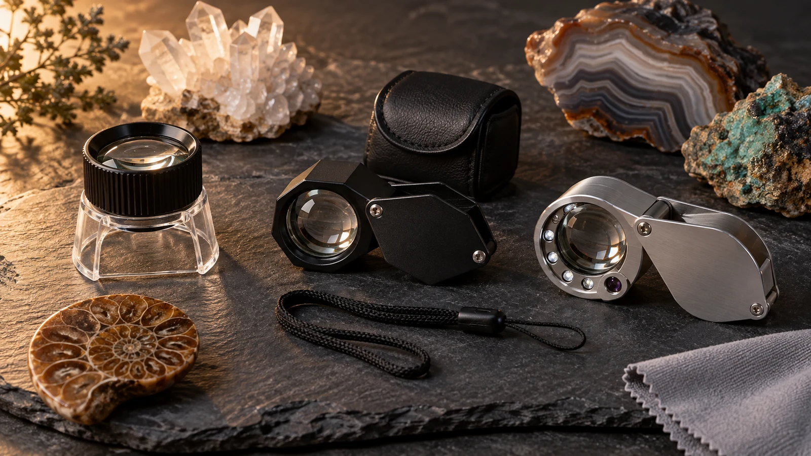 A clear-base stand loupe, black folding loupe and illuminated metal folding loupe arranged with an ammonite, quartz, agate and mineral specimens