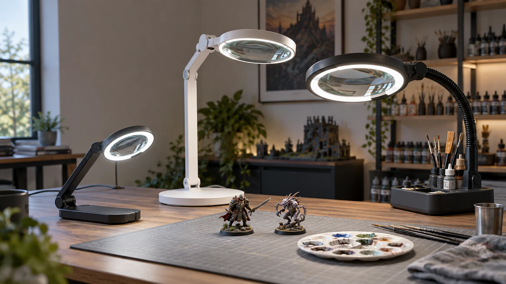 Compact black, tall white and flexible black illuminated magnifying lamps arranged around two painted miniatures on a hobby desk