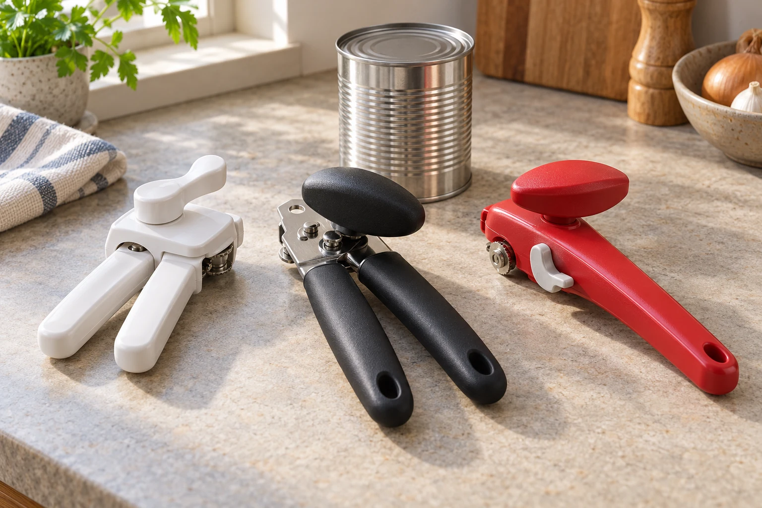White, black and red manual tin openers arranged together on a pale kitchen counter, with a plain unopened tin behind them.