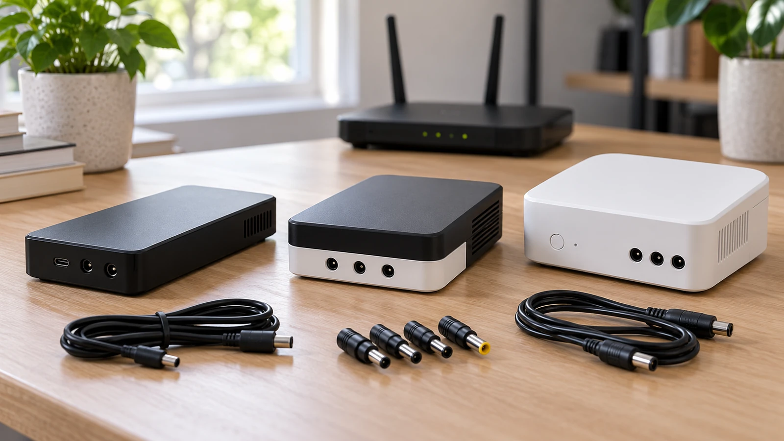 Three compact black, black-and-white and white router battery backups on a desk beside coiled DC leads and barrel adapter tips.