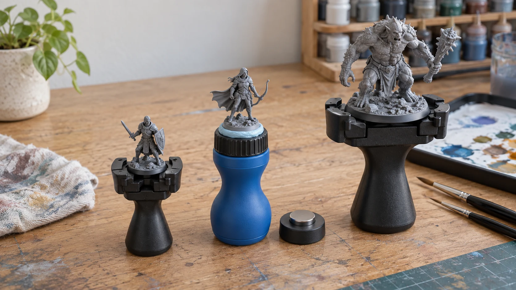 Two black spring-clamp painting handles and a blue rotating putty-mount handle holding small and large unpainted fantasy miniatures