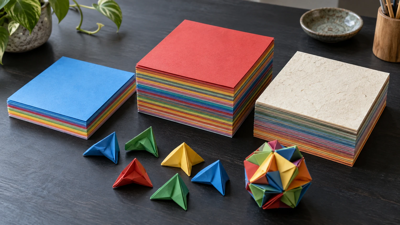 Three stacks of colourful square origami paper beside folded modules and a partly assembled geometric form on a dark table