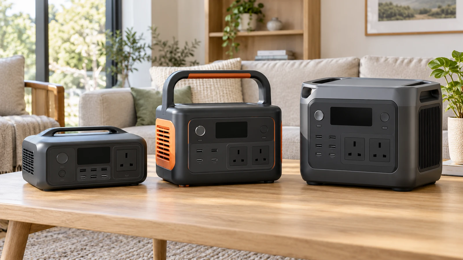 Compact grey, black-and-orange and larger grey portable power stations arranged on a wooden table in a living room.