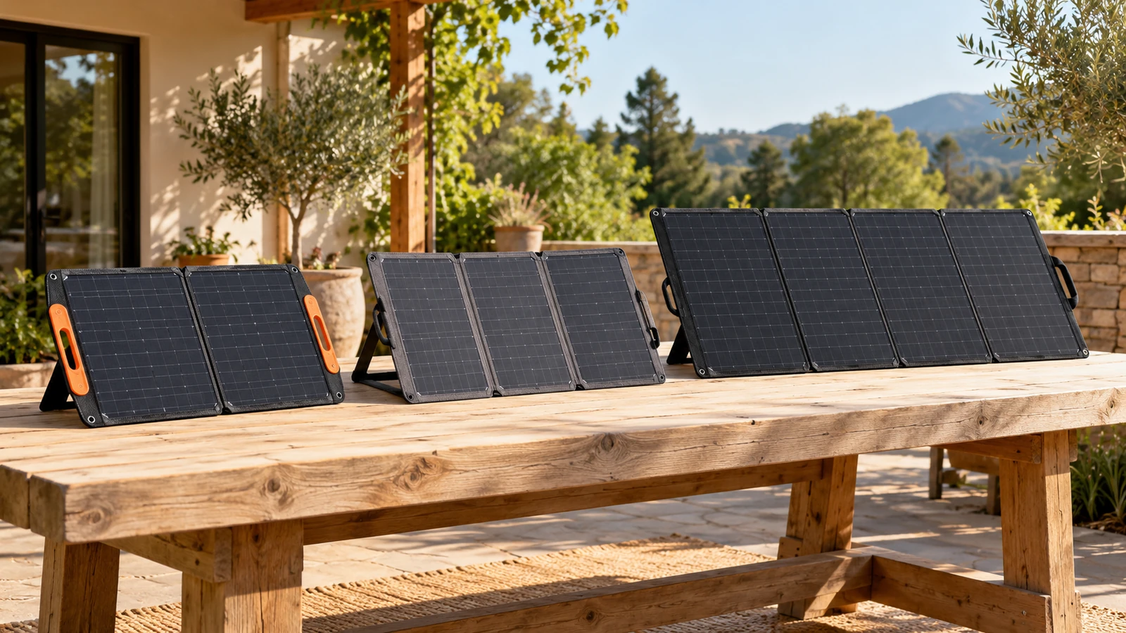 Two-section black-and-orange, three-section grey and four-section black folding solar panels standing on a wooden outdoor workbench.