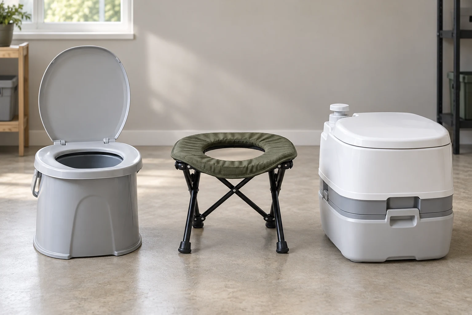 Three clean portable toilets on a utility-room floor: an open grey bucket toilet, a low green folding toilet and a white two-part flushing toilet.