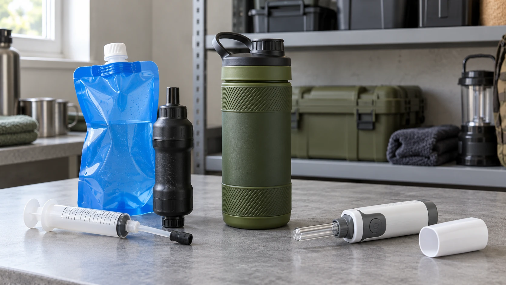Compact black squeeze filter with blue pouch and white syringe, green press bottle and white handheld UV device with its cap on a grey table
