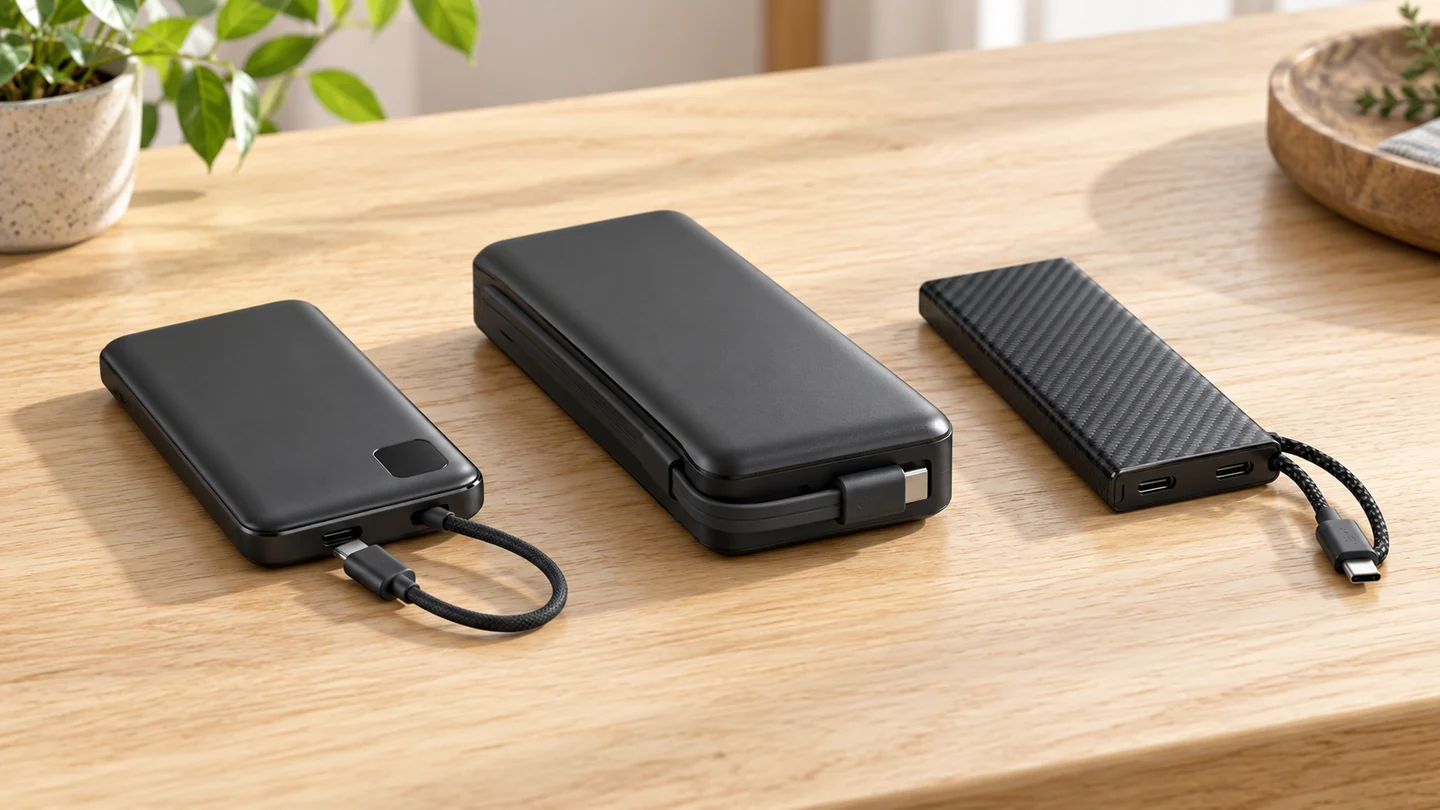 Three black rectangular power banks in different sizes with short USB cables and a carbon-fibre-textured unit on a wooden table
