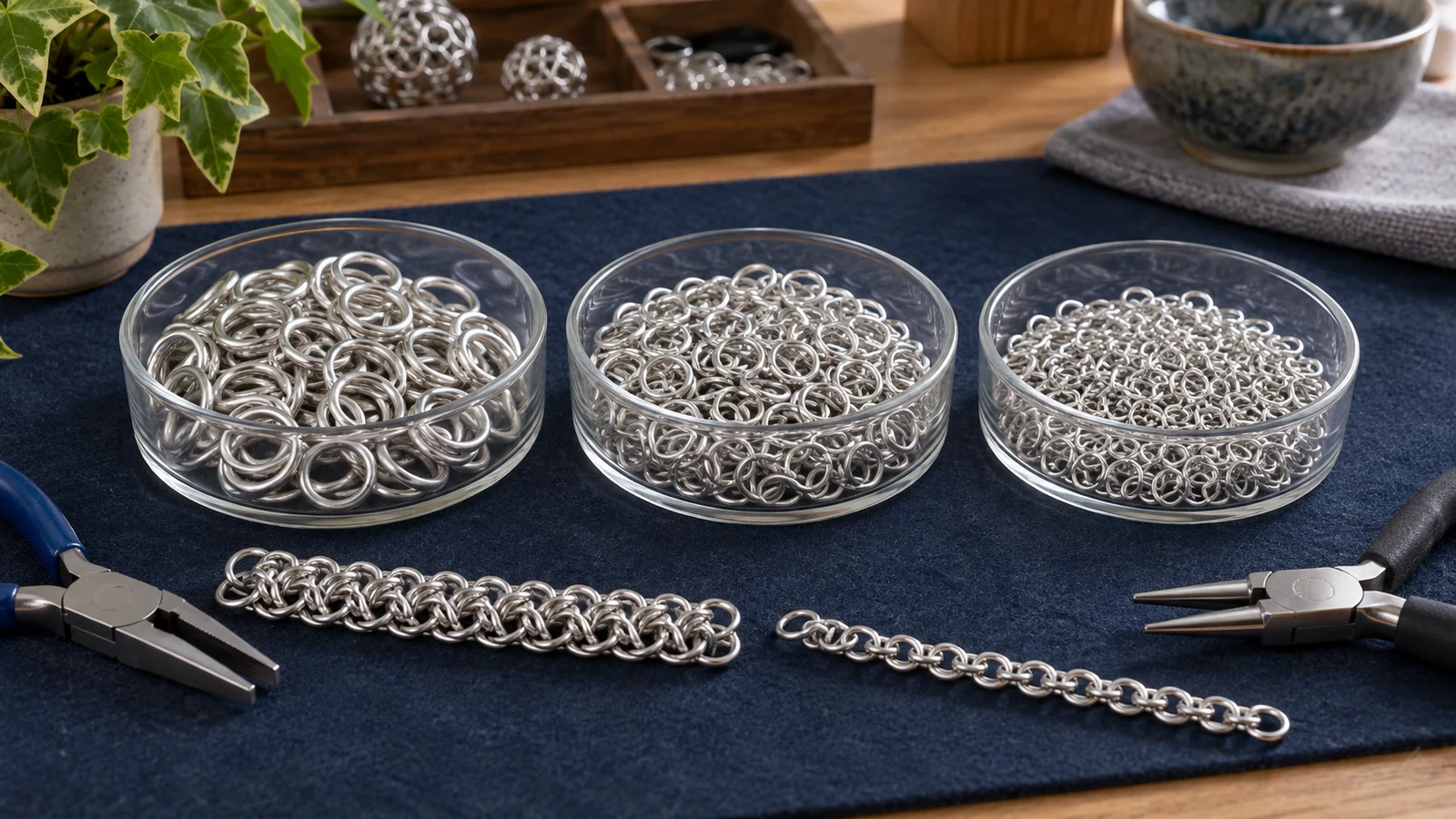 Three clear dishes of differently sized bright metal rings on a navy work mat beside two pliers and finished chainmail samples
