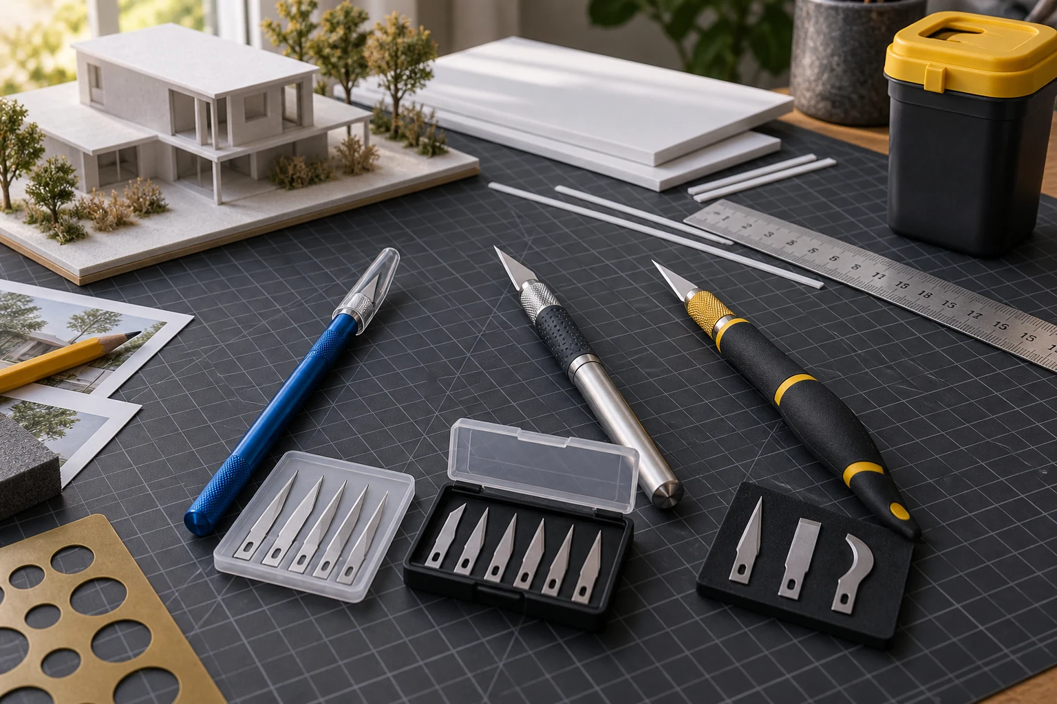 Three slim precision craft knives with capped and stored spare blades on a cutting mat beside an architectural card model and metal ruler