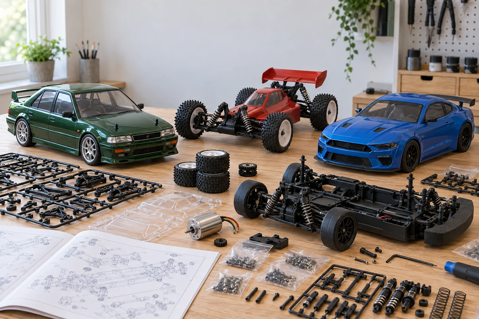 Three unbranded kit-built RC cars with touring, buggy and GT bodies beside chassis parts, motor, screw bags and instructions on a hobby bench