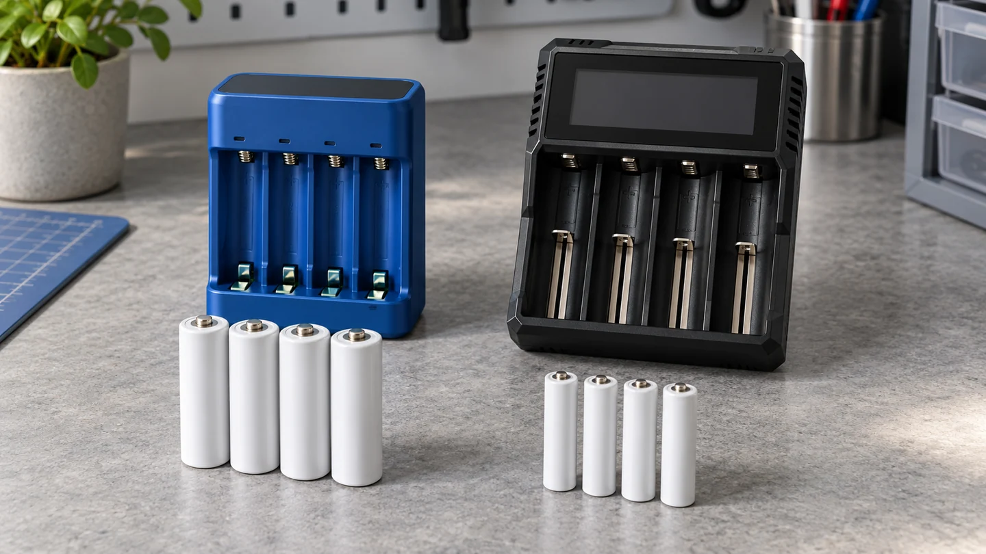 White AA and smaller AAA rechargeable batteries in front of a blue four-slot charger and a black four-slot charger with a large display on a workbench