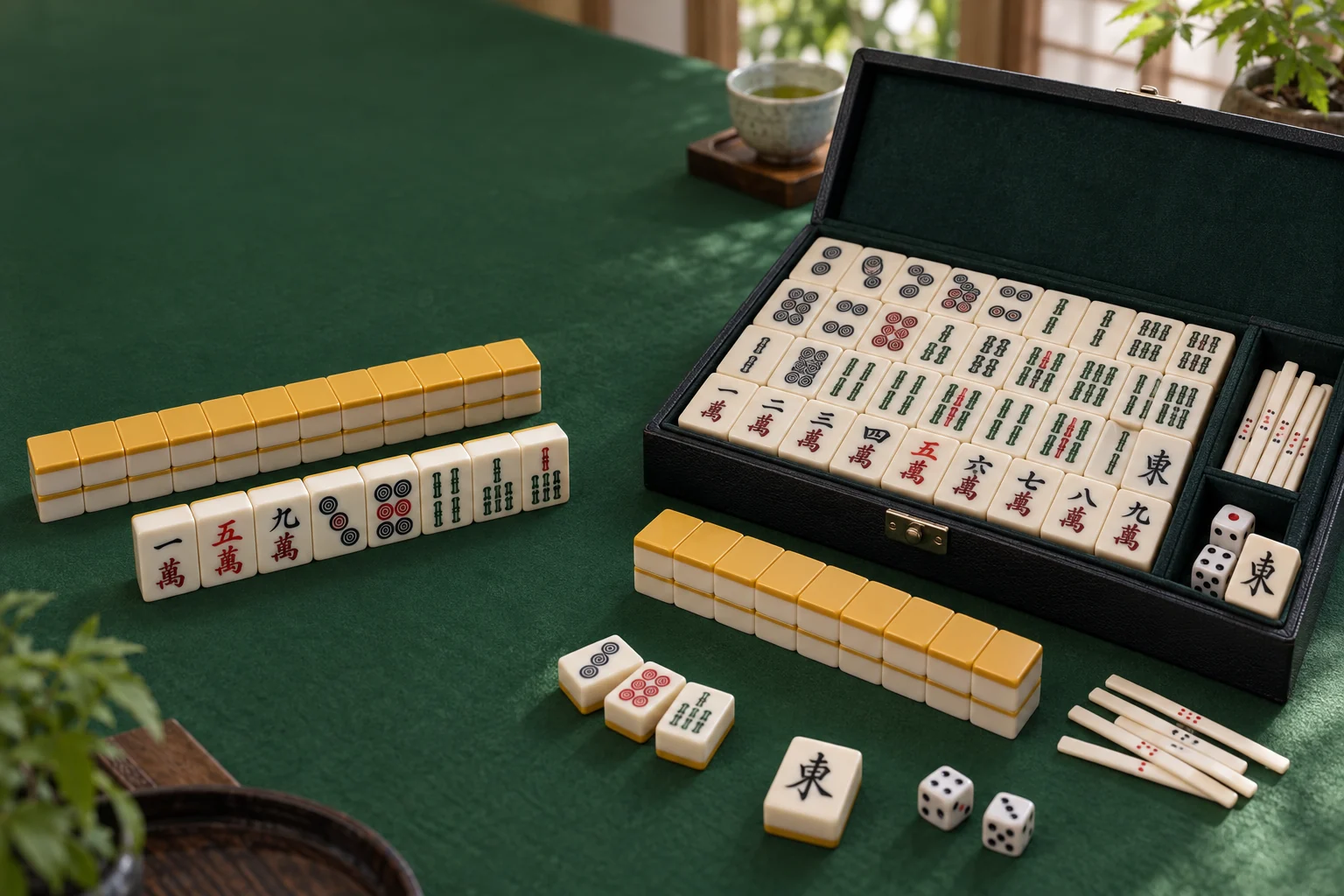Two Japanese Riichi mahjong sets with ivory tiles, yellow backs, scoring sticks, dice and east markers arranged on green baize