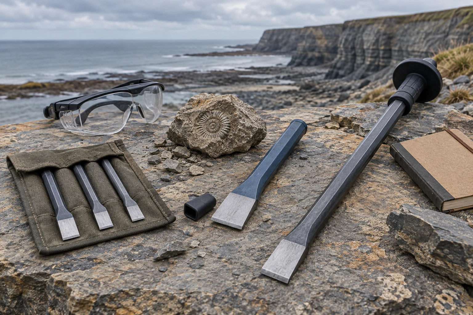 A three-piece cold-chisel set, a wide compact chisel and a long guarded chisel beside safety glasses and an ammonite on a coastal stone surface