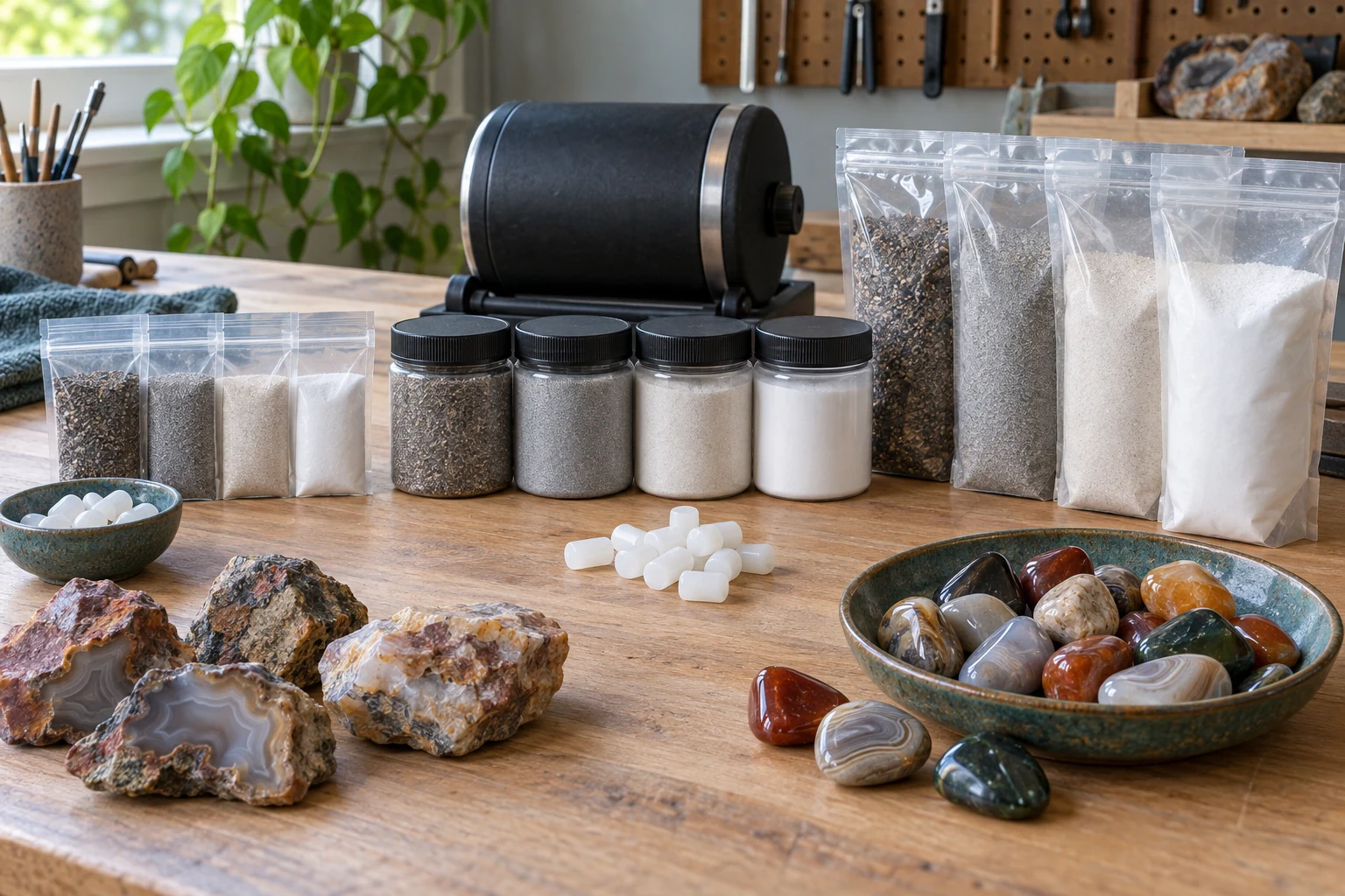 Three sizes of unlabelled four-stage rock-tumbling grit sets in pouches, jars and large bags beside a tumbler barrel, rough agates and polished stones