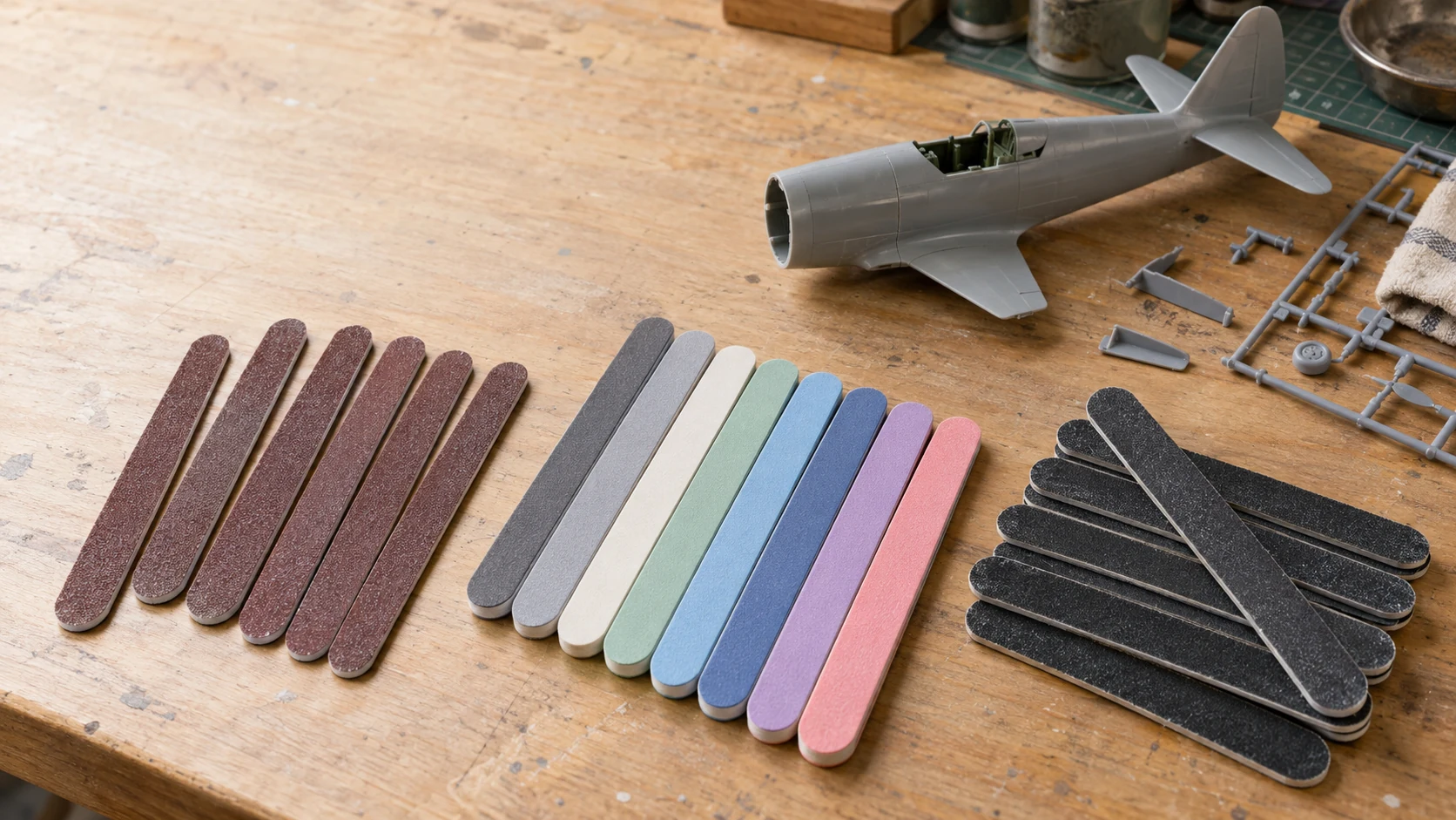 Three groups of coarse brown, graduated pastel and black sanding sticks beside an unpainted plastic aircraft model and sprue parts