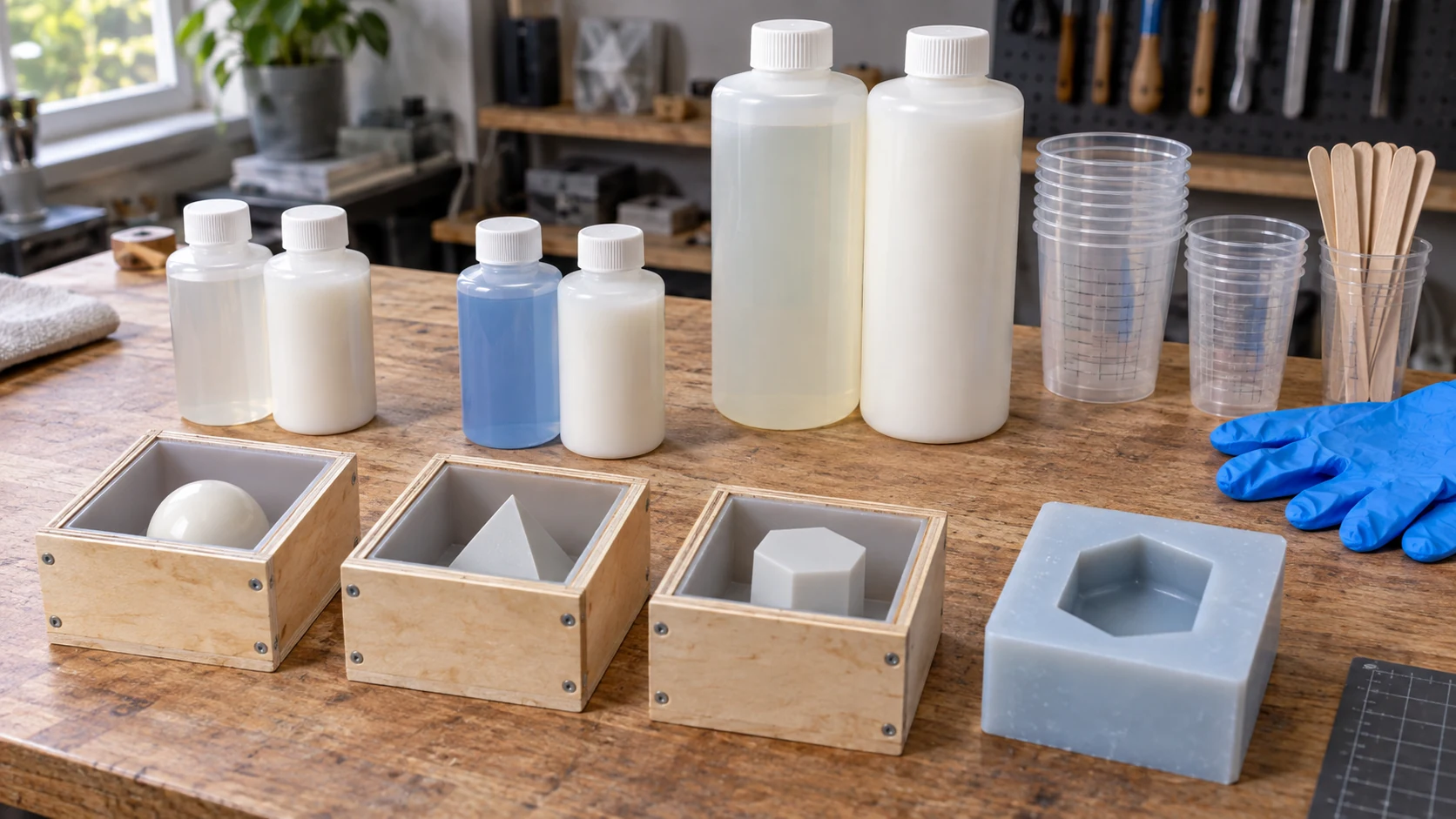 Three pairs of unlabelled silicone bottles with measuring cups, sticks, gloves and small mould boxes on a craft workbench