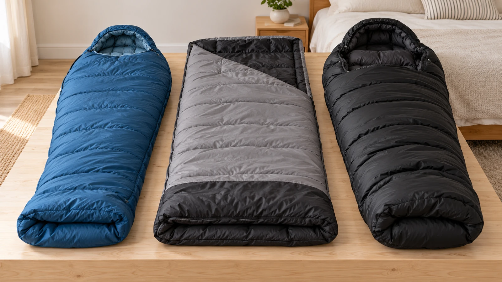Blue mummy, grey rectangular and black bulky mummy sleeping bags laid side by side on a wooden platform in a spare room.