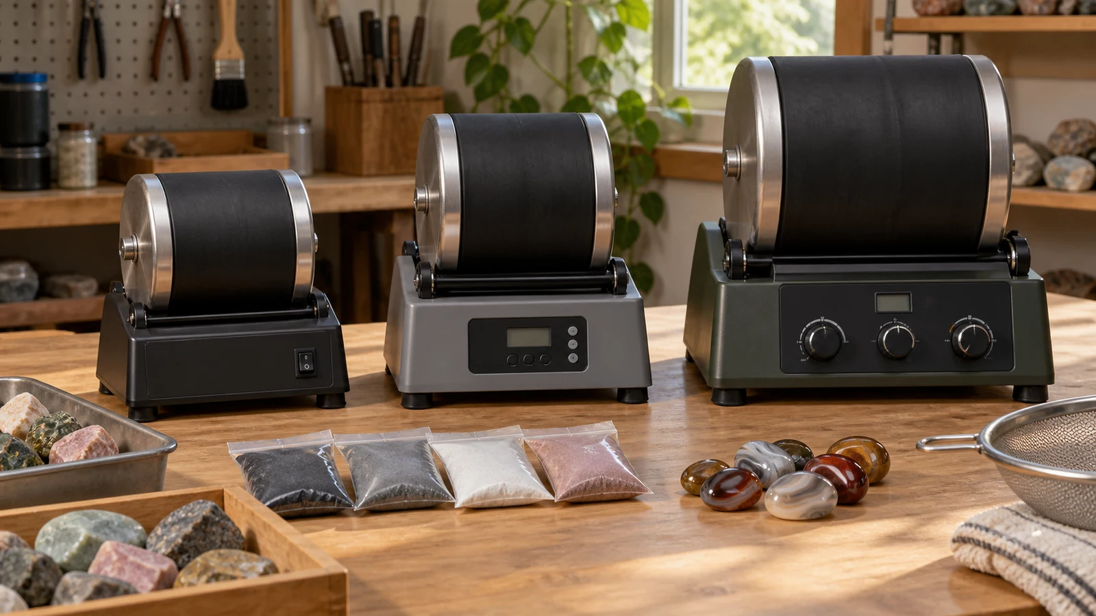 Three compact rotary rock tumblers on a home workshop bench with rough stones, grit pouches, a strainer and polished agates