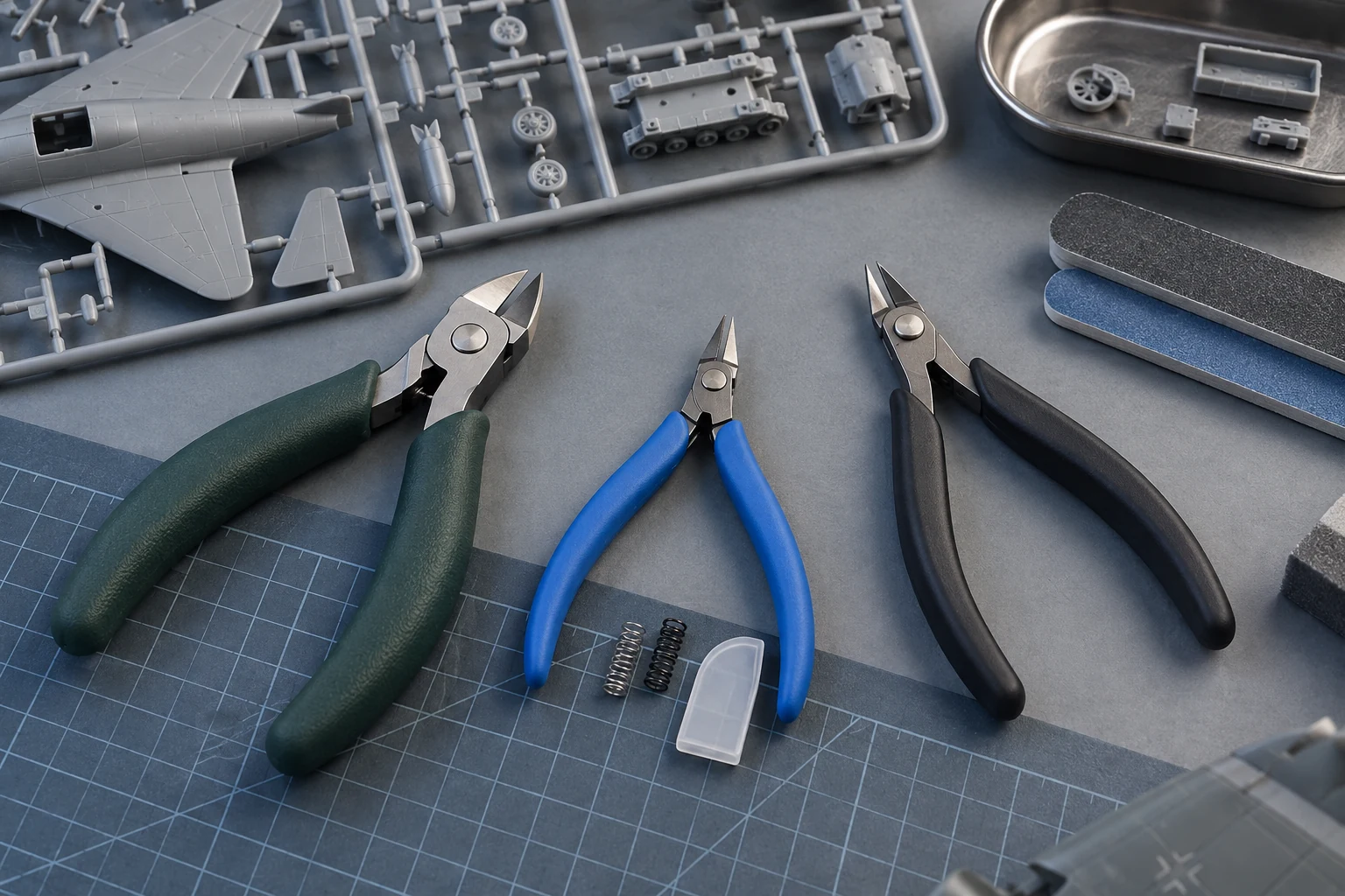 Three unbranded plastic-model sprue cutters with green, blue and black grips arranged beside model sprues and sanding sticks
