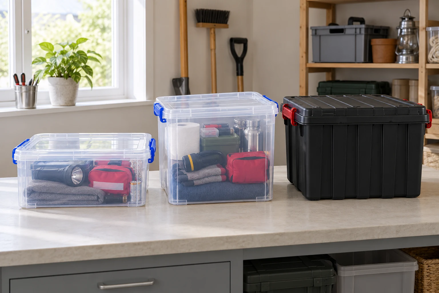 A shallow clear storage box, a deeper clear box and a black ribbed box with red lid clips lined up on a utility-room workbench.