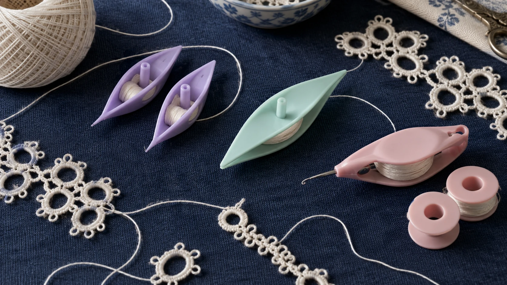 Two purple post shuttles, a green post shuttle and a pink bobbin shuttle with spare bobbins beside a small lace motif