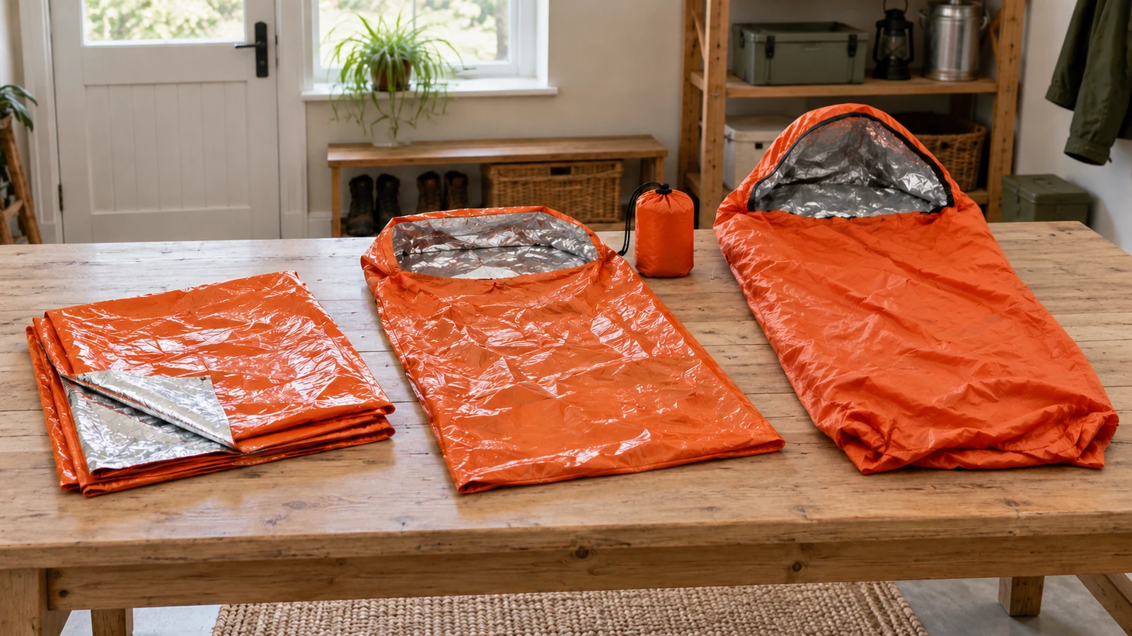 Folded orange-and-silver emergency sheet, orange open-top emergency bag and orange hooded bivvy laid on a wooden table with storage sacks.