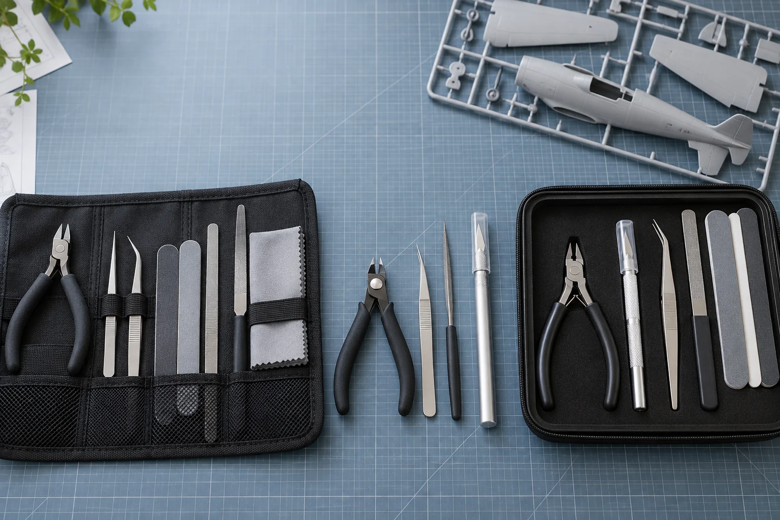 Three model-making tool sets with sprue cutters, capped knives, tweezers, files and sanding sticks beside an unpainted aircraft sprue