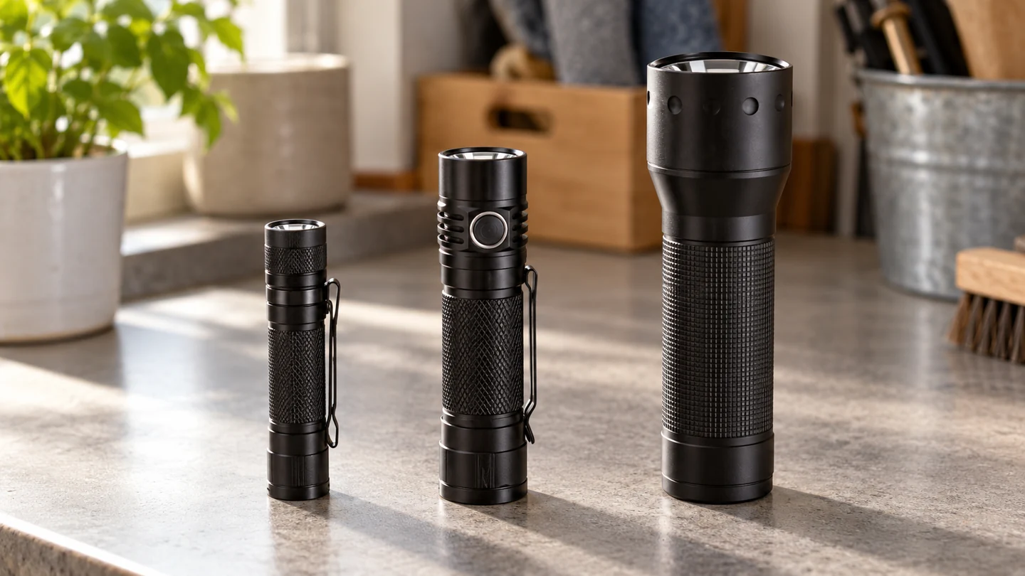 Three black handheld torches of increasing size standing upright on a wooden household table