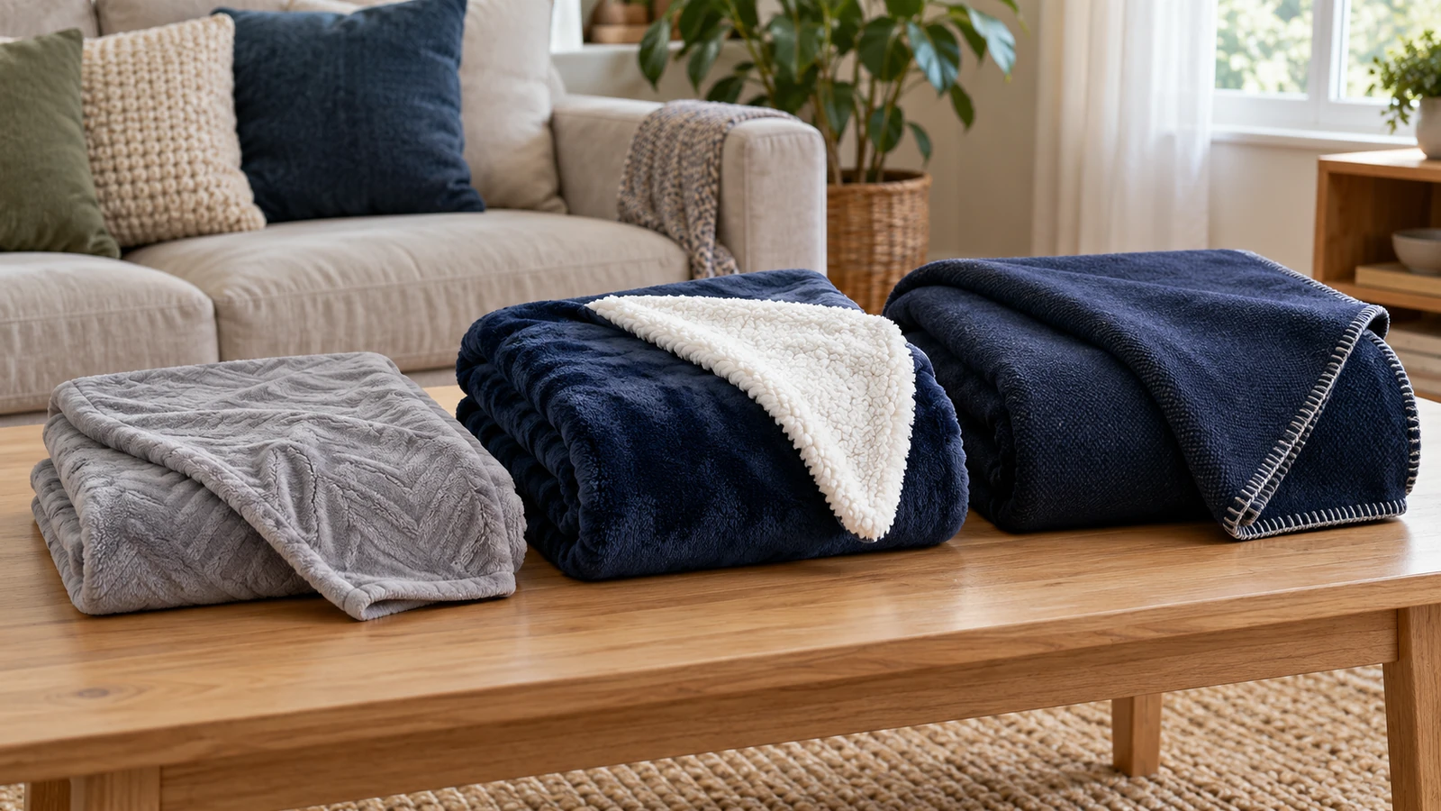Folded grey fleece, navy blanket with a white sherpa reverse and navy woven blanket with bound edges on a wooden table.